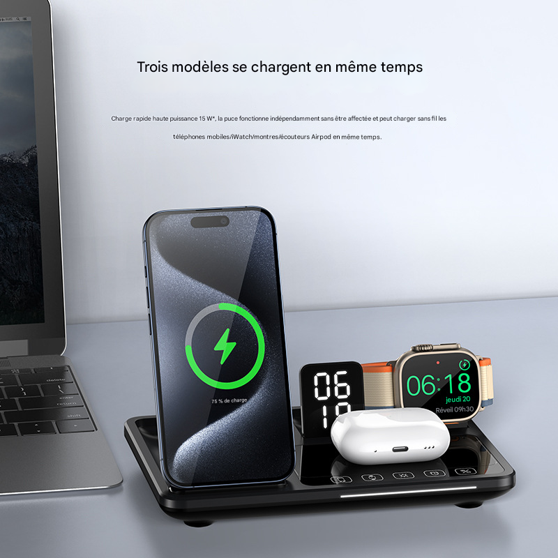 R11S 4-in-1 Multi-function Automatic Lifting Wireless Charger Desktop Touch Folding Clock Display Fast Charging